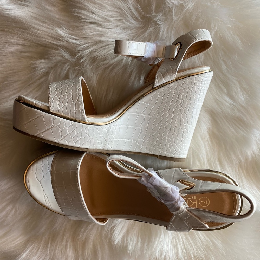 White faux croc skin wedge heels